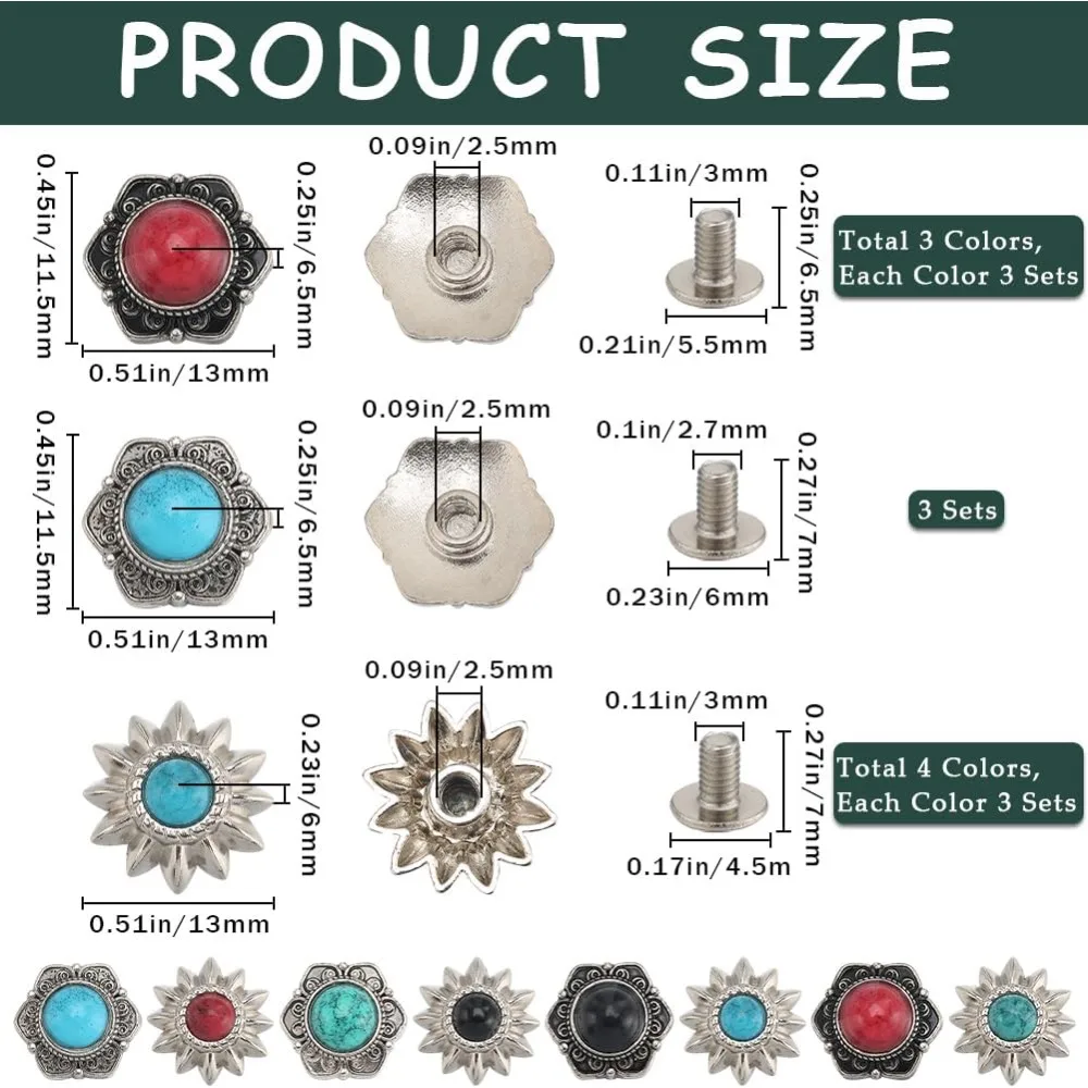 24 Sets 8 Styles Western Screw Back Buttons 13mm Conchos Turquoise Cowboy Vintage Flower Decorative Leather Buckles Natural
