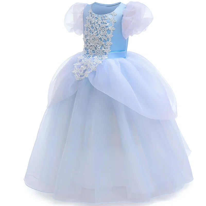 Halloween Role Play Costume Girl Embroidered Bubble Sleeves Princess Dress Carnival Birthday Party Lace Mesh Fluffy Dress