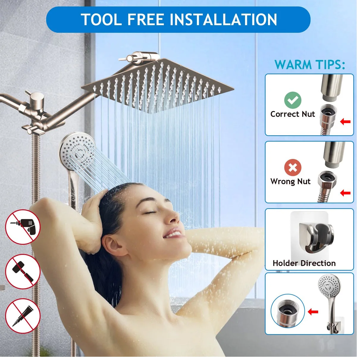 8/10-inch Stainless Steel 5-Mode Overhead Showerhead with Extension Arm and Multi-Function Wall-Mounted Hand Shower Set