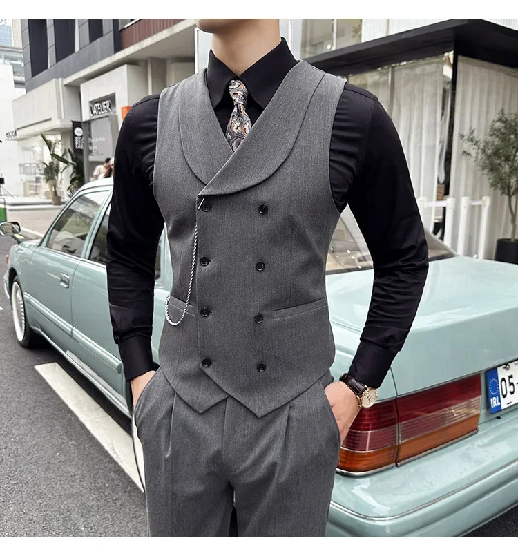 

2024 Slim Fit Vest for Mens Shawl Collar Double Breasted Males Waistcoat Weddding Business Smart Casual Custom Vest-Only Vest