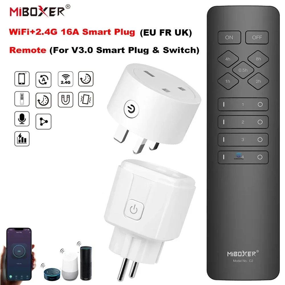 Miboxer C2 Remote 2.4G 16A WiFi Smart Socket Plug EU FR UK Tuya Smart Life APP Power Consumption Statistics RF Wireless Dimmer