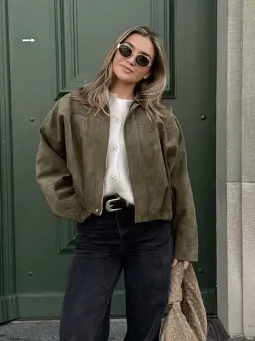 Women's Bomber Jackets Coats Fashion Turn-down Collar Long Sleeve Loose Coats Vintage Female Outerwear Chic Tops