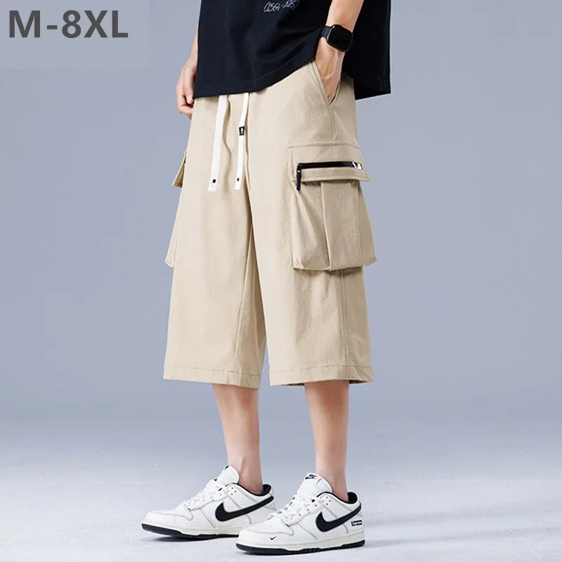 

Шорты-карго, мужские капри, большие размеры 6XL, 7XL, 8XL, летние свободные брюки для мальчиков с широкими штанинами, эластичные крутые мужские полубрюки