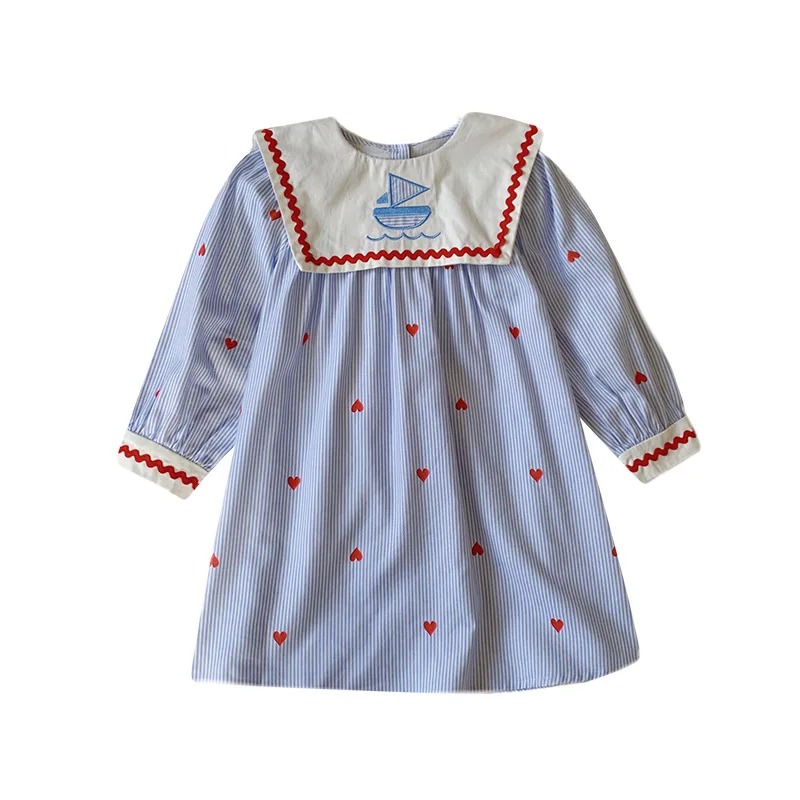 2026 Spring Girls Nautical Striped Dress, Sailboat Embroidery Long Sleeve Preppy Style Gown for 90-140cm