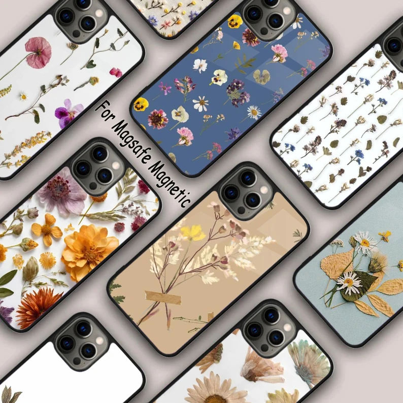 Flowers Pressed Magnetic Phone Case For APPLE iPhone 16 14 13 12 11 Pro Max 15 Plus Wireless Charge With MagSafe Cover