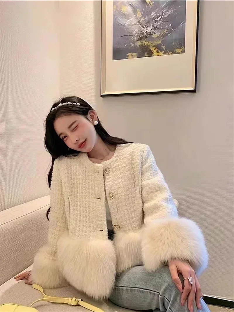 2024 New Arrival Luxury Fashion Fall Winter Womens Full Sleeve Cashmere Braid Tweed Fur Pearls Button Casual Thick Warm Jackets