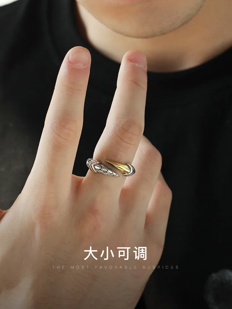 

Мужское винтажное открытое кольцо с медным гальваническим покрытием под золото и чистое серебро, в форме когтя дракона, для указательного пальца, модное, уникальное, минималистичное