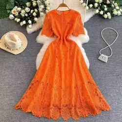 Summer New Fashion HoIIow Out Lace Dresses Women's O-Neck Tunic Slim Elegant A-line Long Dress Temperament Luxury Party Dress