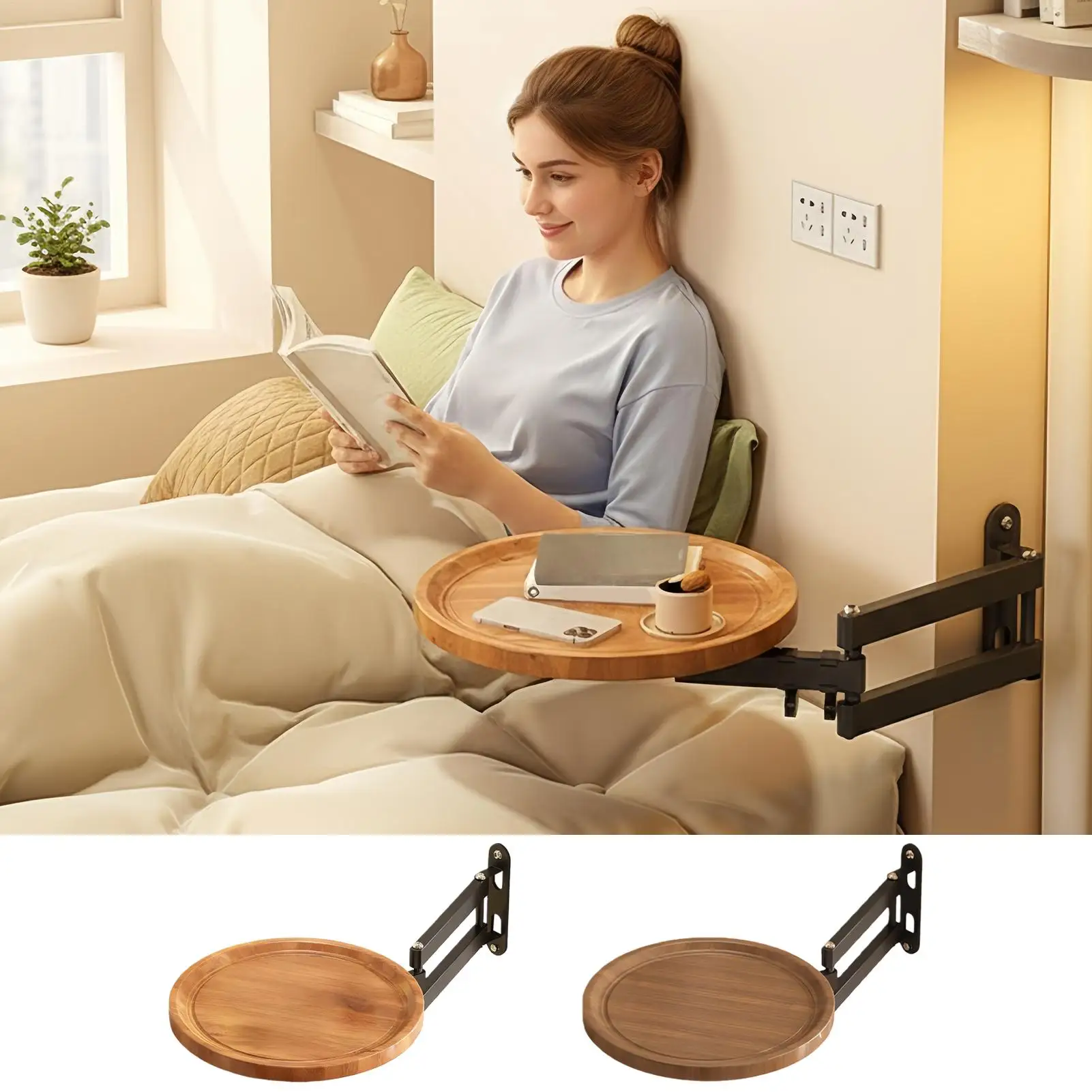 Folding Wall Table For Bed Retractable Wall-Mounted Desk Small Round Desk Wall Mounted tray Rotatable Bedside Storage Holder
