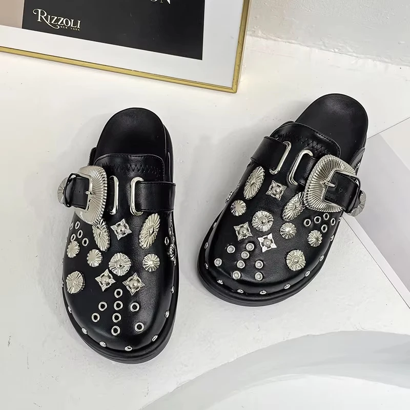 Summer Women Slippers Platform Rivets Punk Rock Leather Mules Creative Metal Fittings Casual Party Shoes Female Outdoor Slides