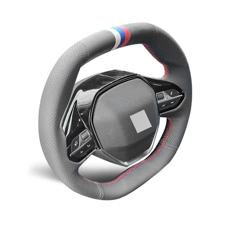 Genuine Leather Suede Steering Wheel Cover Wrap Red Thread Car Accessories for Peugeot E-208 / 508 / 208 / 3008 / 4008 / 5008