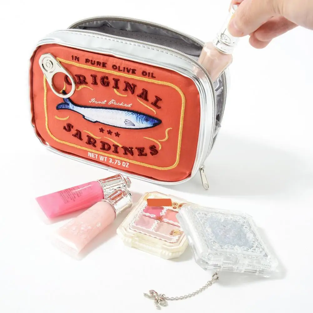 Canned Sardines Makeup Bag Zipper Closure Embroidery Small Toiletry Pouch Portable Travel Toiletry Bag Cosmetic Organizer Case