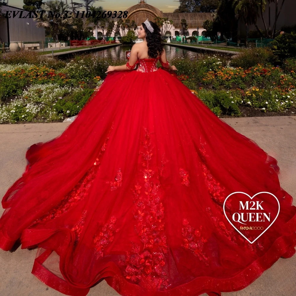 EVLAST Maßgeschneidertes glitzerndes rotes Blumen-Quinceanera-Kleid, Ballkleid, Applikation, Perlenkorsett, Sweet 16, Vestido De 15 Anos E3Q317