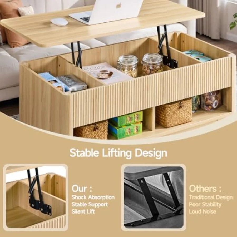 Farmhouse Lift Top Coffee Table Mid Century Modern Coffee Table with Hidden Storage Compartment Fluted Rising Pull up Wood Mode