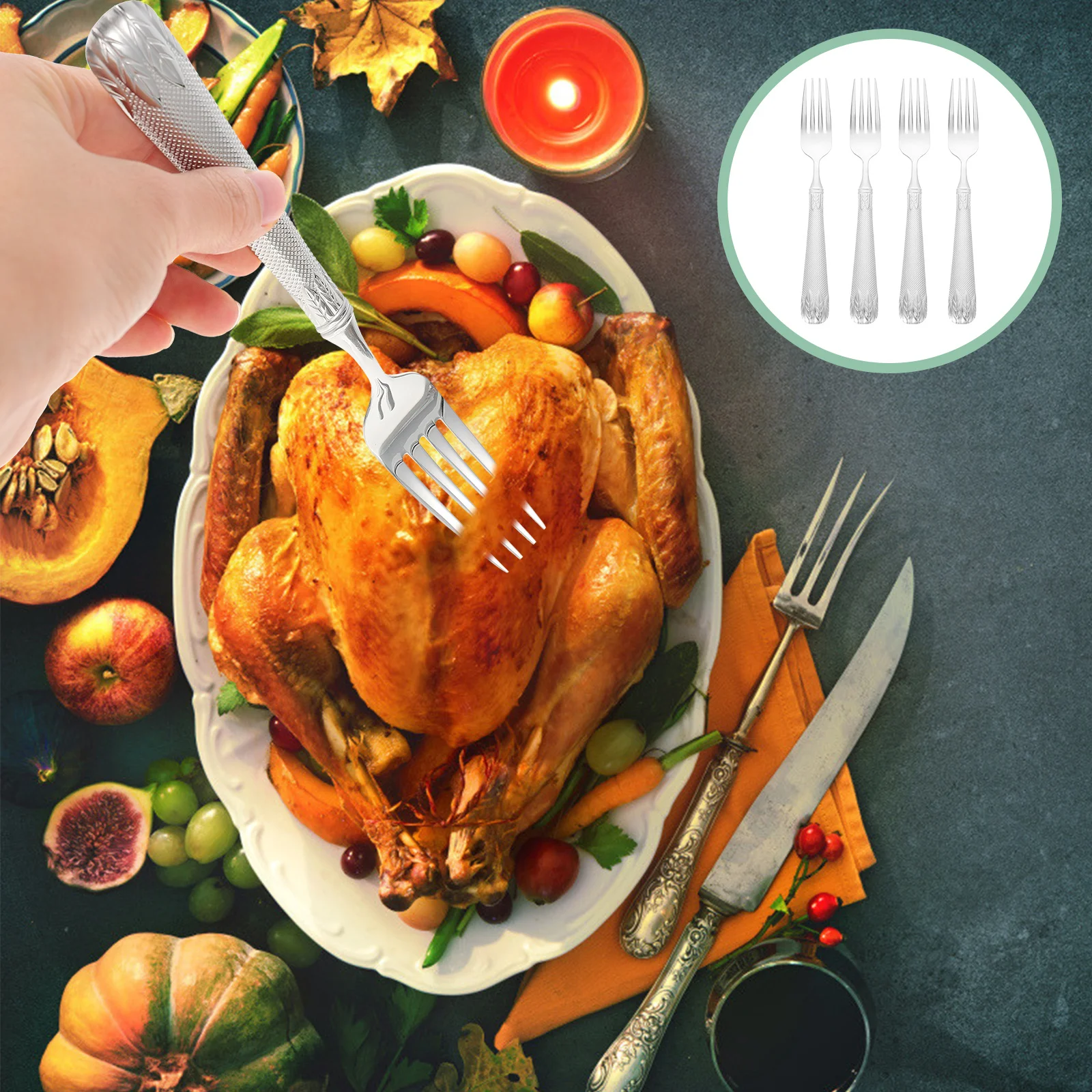 

4Pcs Stainless Steel Bbq Fork Long Handle Salad Food Forks Practical Barbecue Tool Rustproof Lightweight Easy Carry