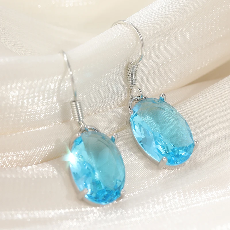 New Blue Color Synthetic Zircon Transparent Oval Pendant Earrings Women Luxurious Fashion Long Lever Backs Earrings Jewelry