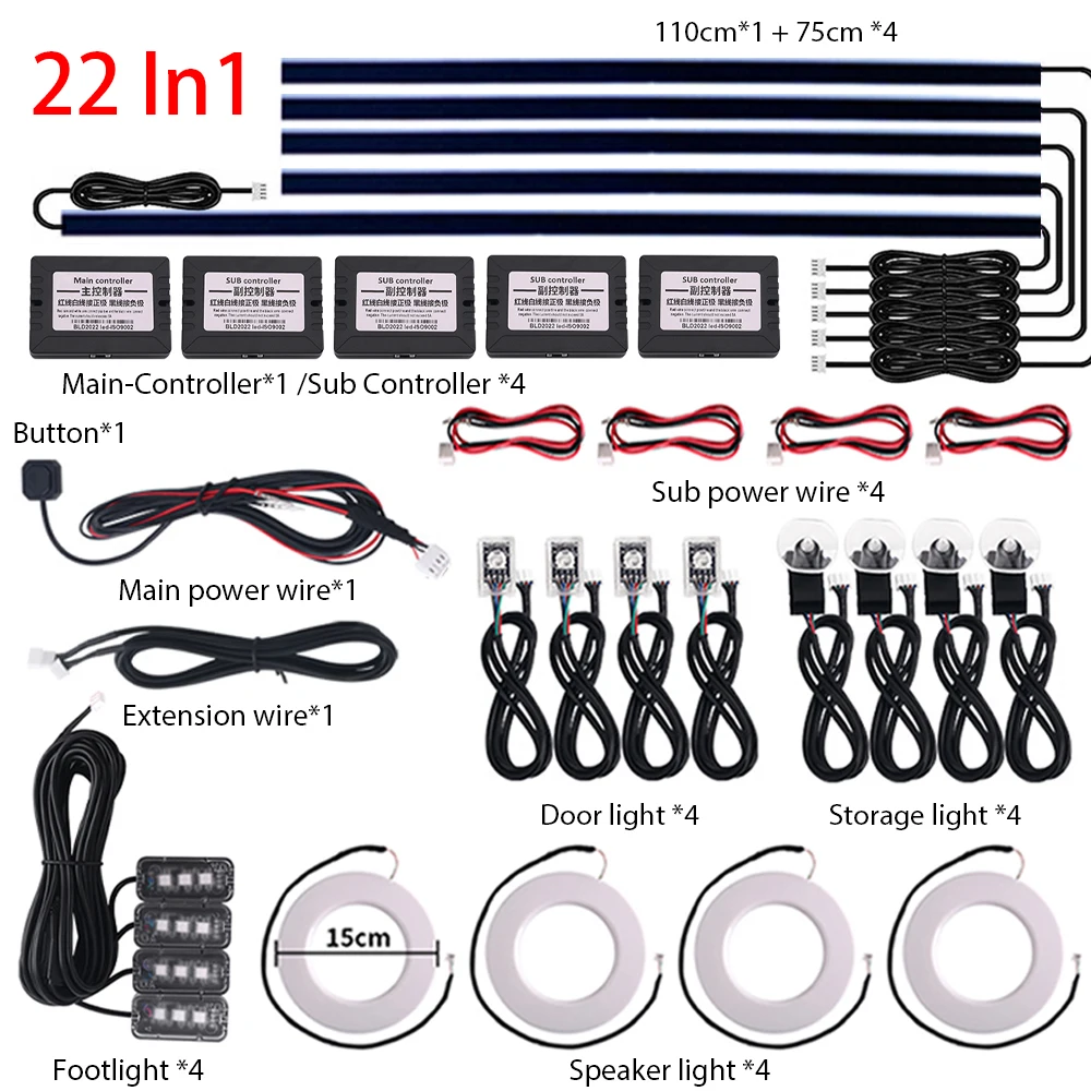 18 in 1 Umgebungslicht für den Innenraum des Autos, 64 Farben, atmen Sie die Armaturenbrett-Türdekoration, LED-Streifenlichter, RGB, Bluetooth, App-Steuerung, 12 V