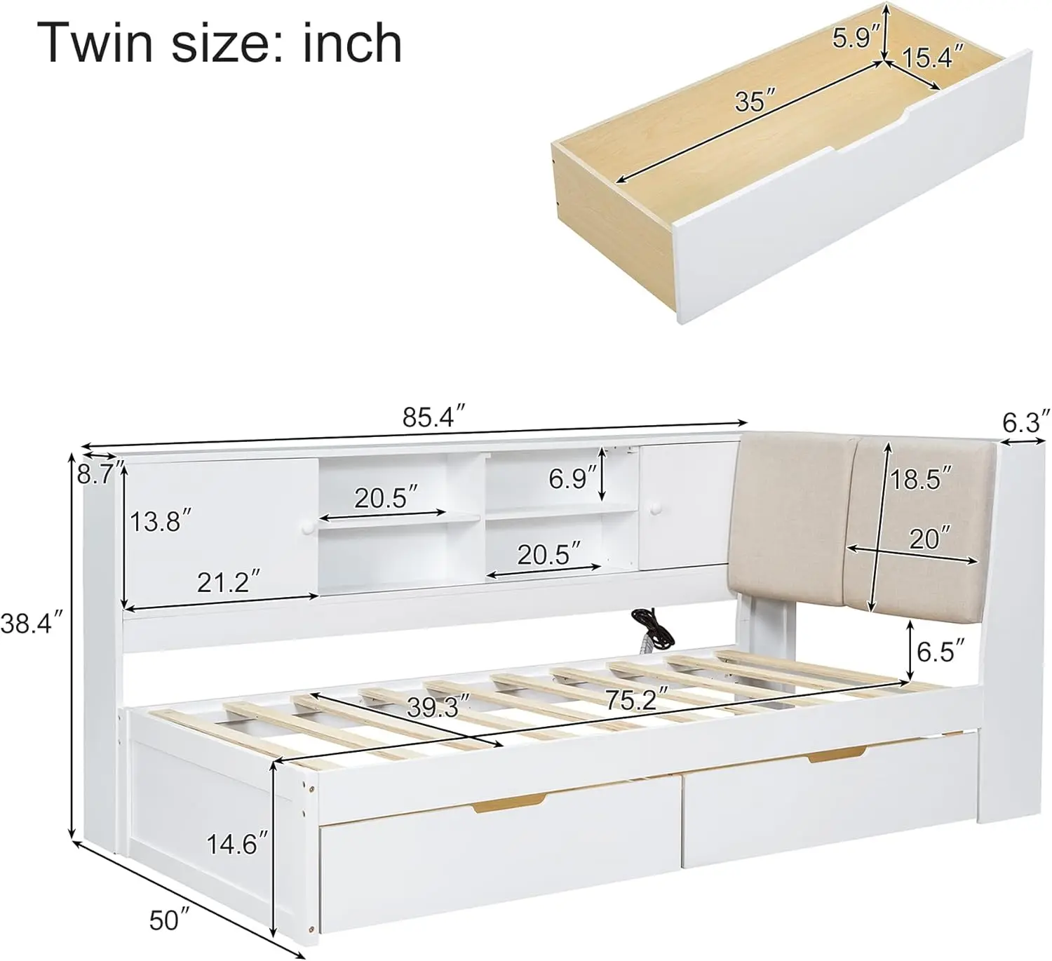 Merax Twin Size Daybed With Usb Charging Port, Wood Floor Day Bed Frame With Storage Drawers & Headboard, Space-Saving Corner