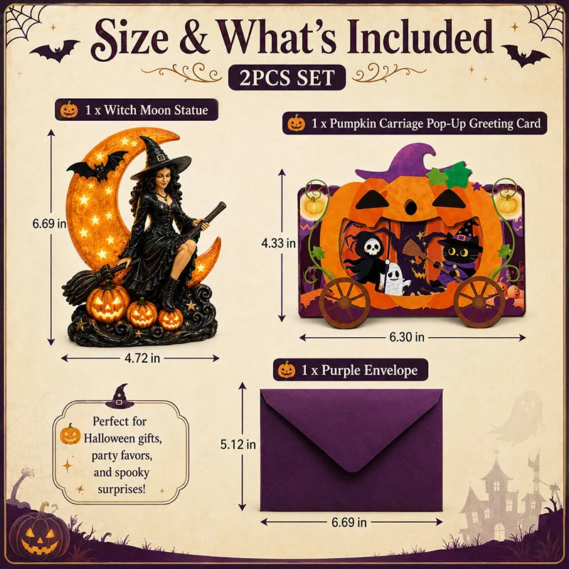 2PCS Mini Night Light Gift Box Set - Halloween Witch Moon Statue & Ornate Pumpkin Gift Card, Including Resin Ornaments with Pumpkin Lantern and Bat, Gothic Desktop Night Light for Bedroom Tables, Halloween Parties, Home Decor & Holiday Gifting