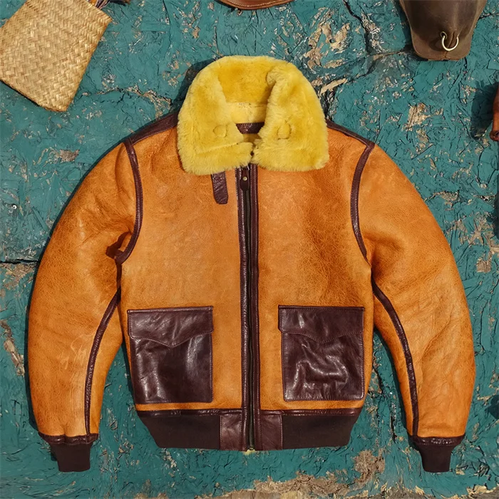 

Редкая кожаная куртка из овчины цвета медового воска, мужская летная куртка A2, теплая, свободная, удобная, с длинными рукавами, на молнии