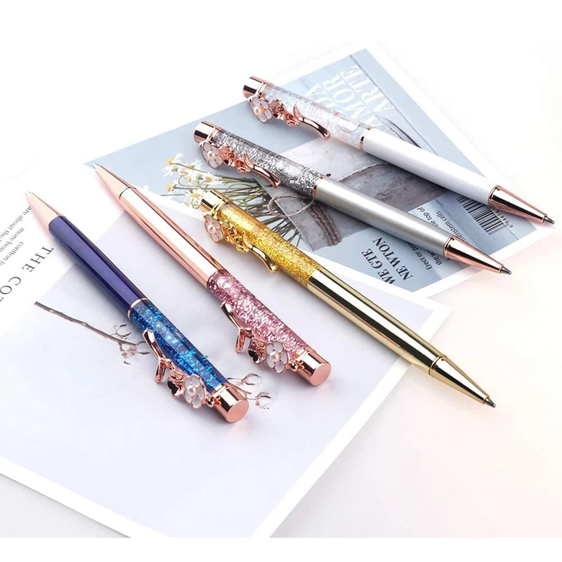 5 Pcs Ballpoint Pens Personalized Bling Dynamic Liquid Sand Rose Gold Metal Pen Black Ink For Gift Office Decor Supplies