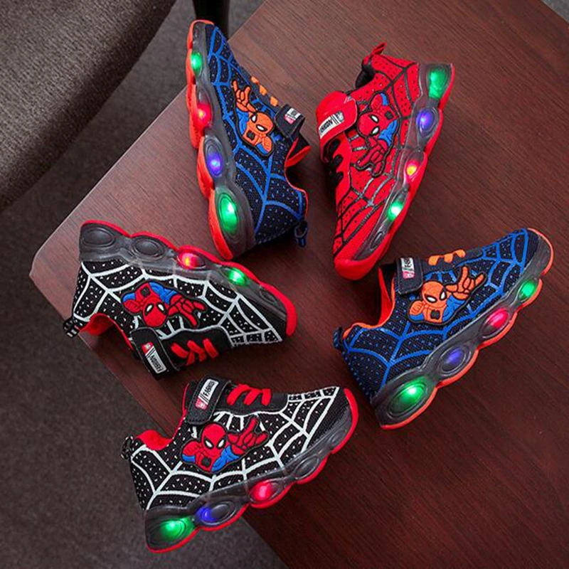 New Baby Girls Led Light Shoes Boys Cartoon Disney Spiderman Casual Sneakers Kids Spring Autumn Toddler Sport Flat Running Shoes