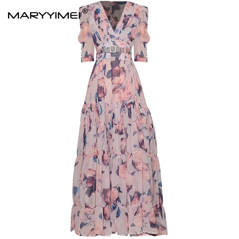 

MARYYIMEI Designer Summer Women's Fashion dress Ruched V-neck Short sleeved Print Lace up Chiffon Ball Gown Dresses