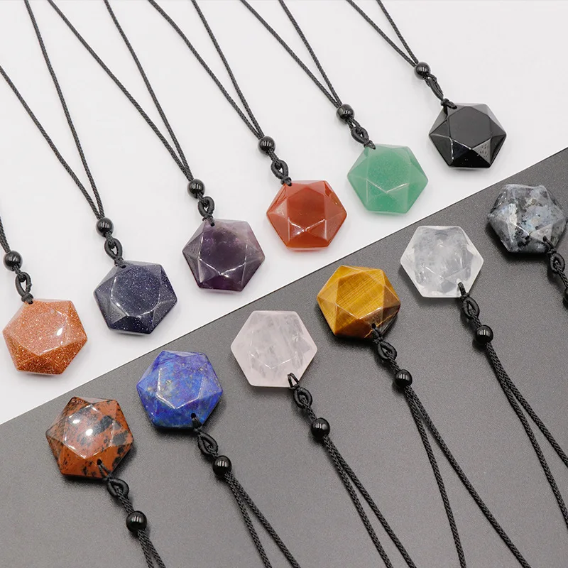 Hexagramm-Stern-Anhänger aus Naturstein, verstellbares Seil, Achat-Kristall-Charms, Pullover-Kette, Halskette für Damen und Herren, Schmuckgeschenk – Detail 3