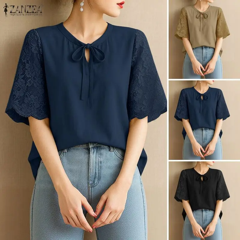 

2026 Summer Lace Patchwork Blouse ZANZEA Women Stylish Holiday Shirt Casual O Neck Short Sleeve Tops Elegant Work Blusas Mujer