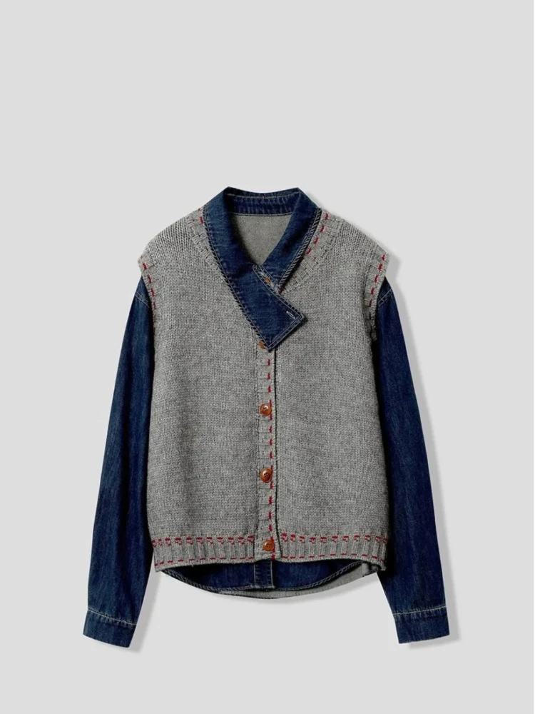 Vintage strukturalna koszula dżinsowa na ramię damska kamizelka z dzianiny Retro butikowa bluzka minimalistyczna odzież codzienna