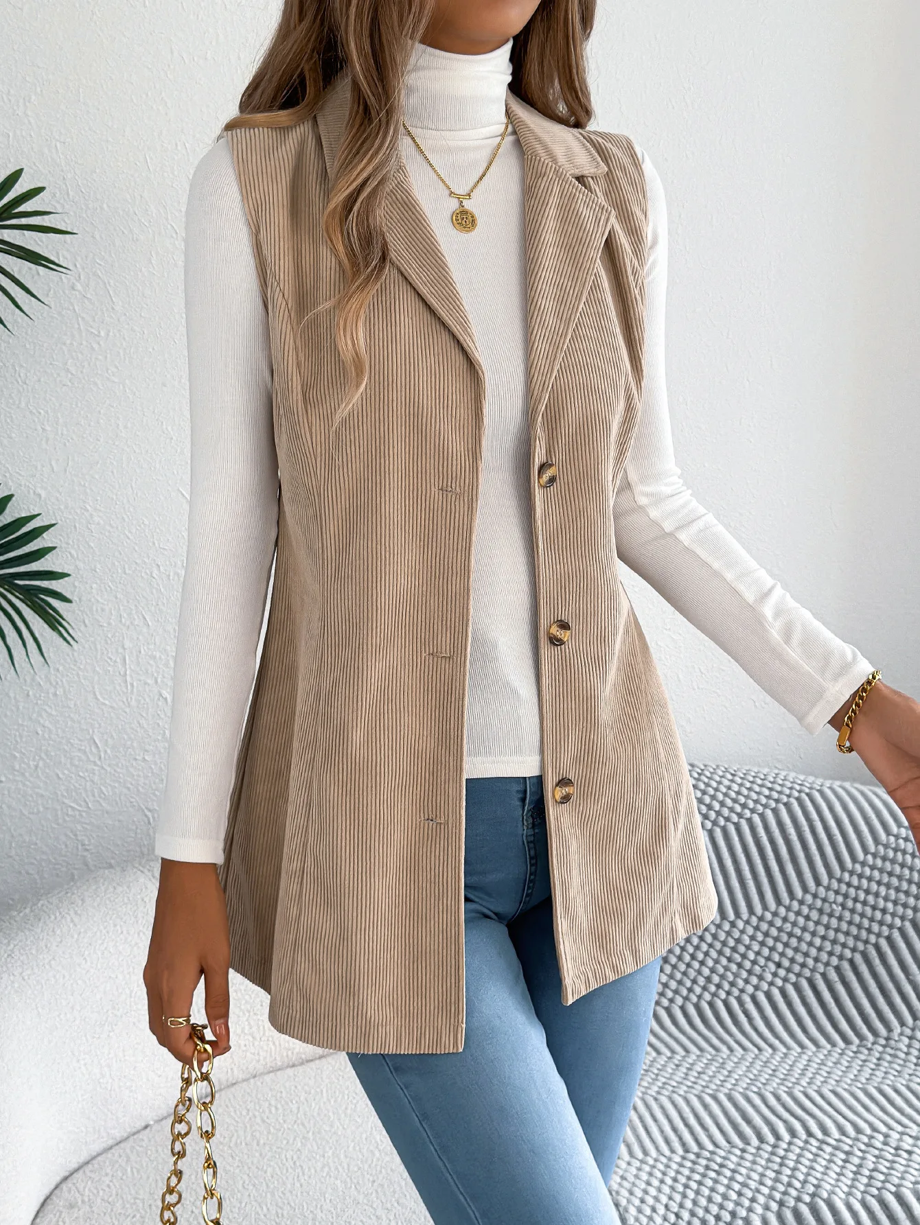 2025 Women Coat Top Woman New Fashionable Coat Autumn and Winter Casual Single-Breasted Suit Collar Corduroy Vest Coat