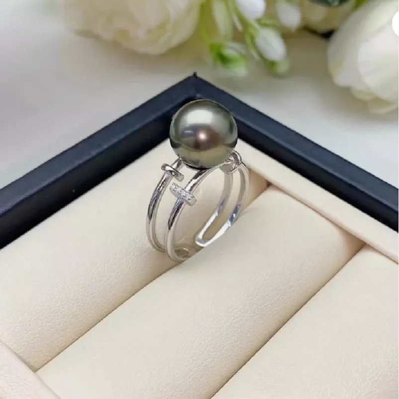 

Gorgeous Huge AAAA+ 10-11mm Genuine Natural Tahiti Black Stud Pearl Ring 925s..