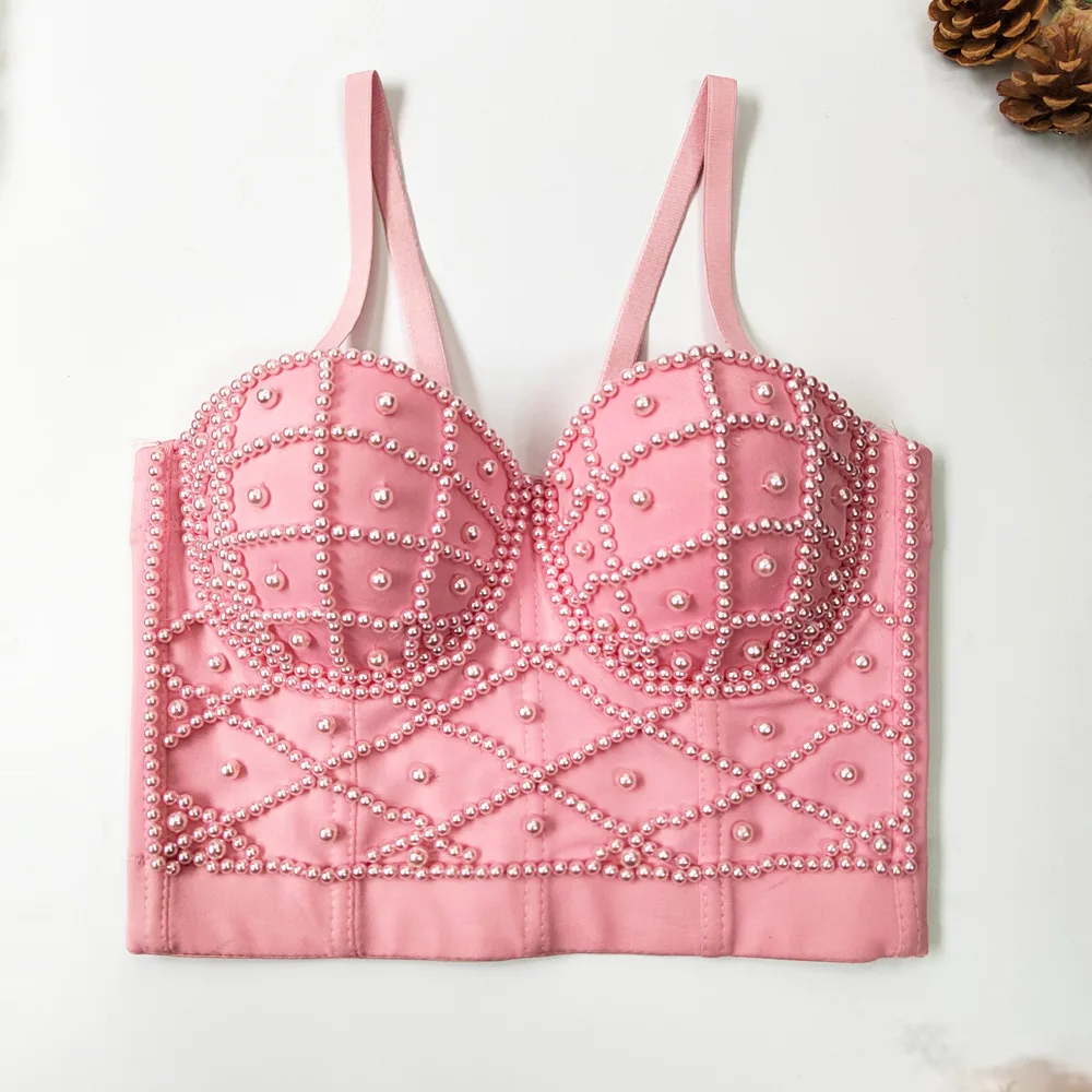 

Women Pink Sexy Corset Pearl Beading Strapless Bustiers Fashion Cropped Bras Top Vest Club Party Short Tops Female Summer Camis