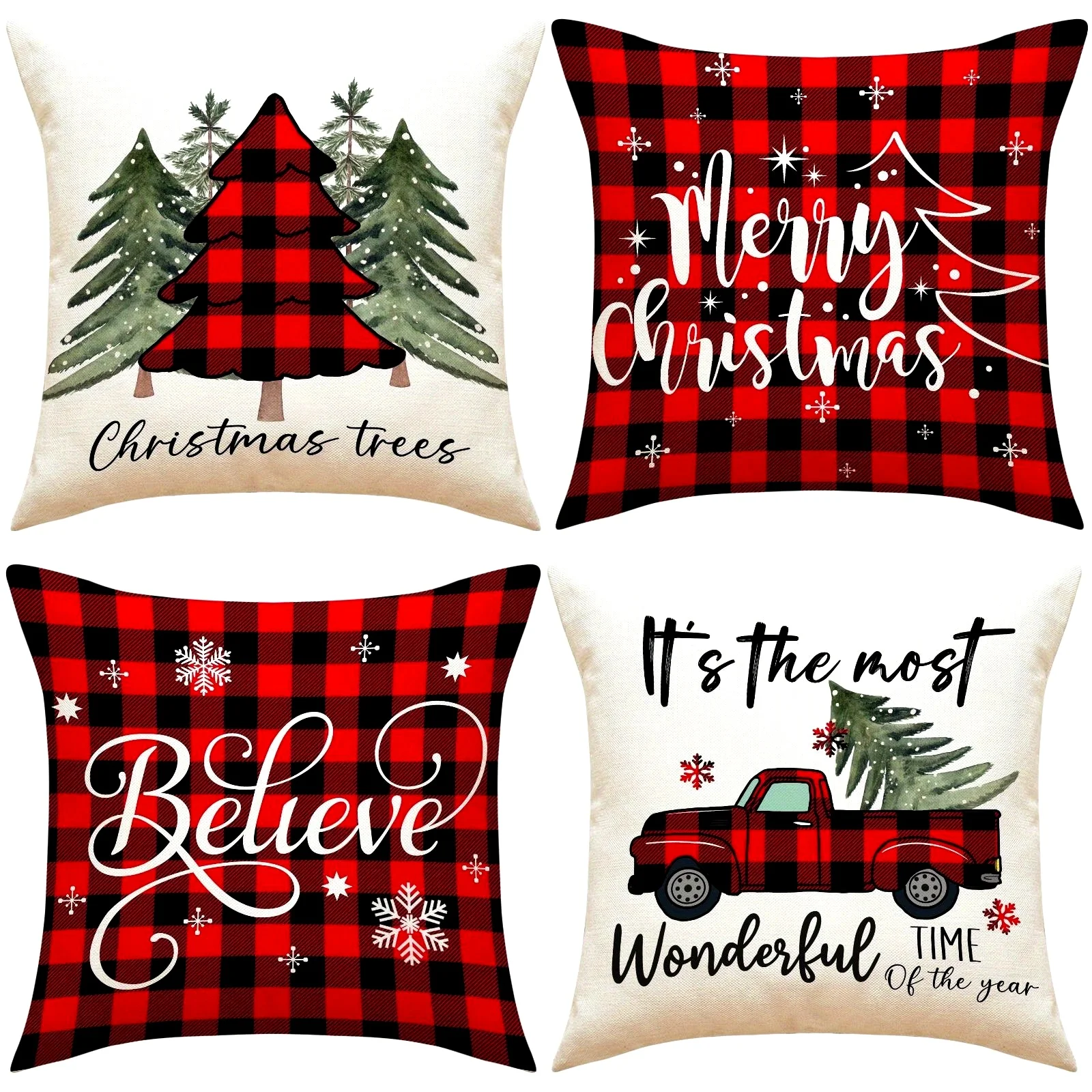 

4 Christmas pillow covers: polyester fiber, zipper style, checkerboard geometric pattern, hand washed, living room decoration