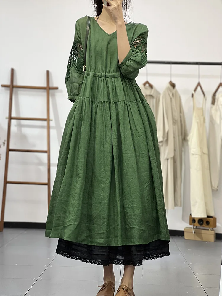 Summer Vintage Elegant French Fashion Hollow Out Long Dress Women Embroidery V Neck Ramie Cotton Loose Solid Vestidos X1227