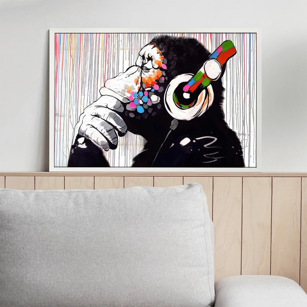Chimpanzee Listening to Music Canvas Painting Funny Wall Art Posters and Prints Mural Home Decor Items Illustration
