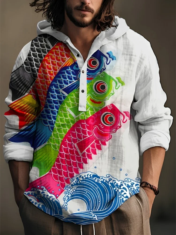 

Мужская красочная рубашка с капюшоном и принтом карповых волн, модная весенняя рубашка с длинными рукавами и заниженными плечами, шикарные топы, повседневные свободные туники 2026