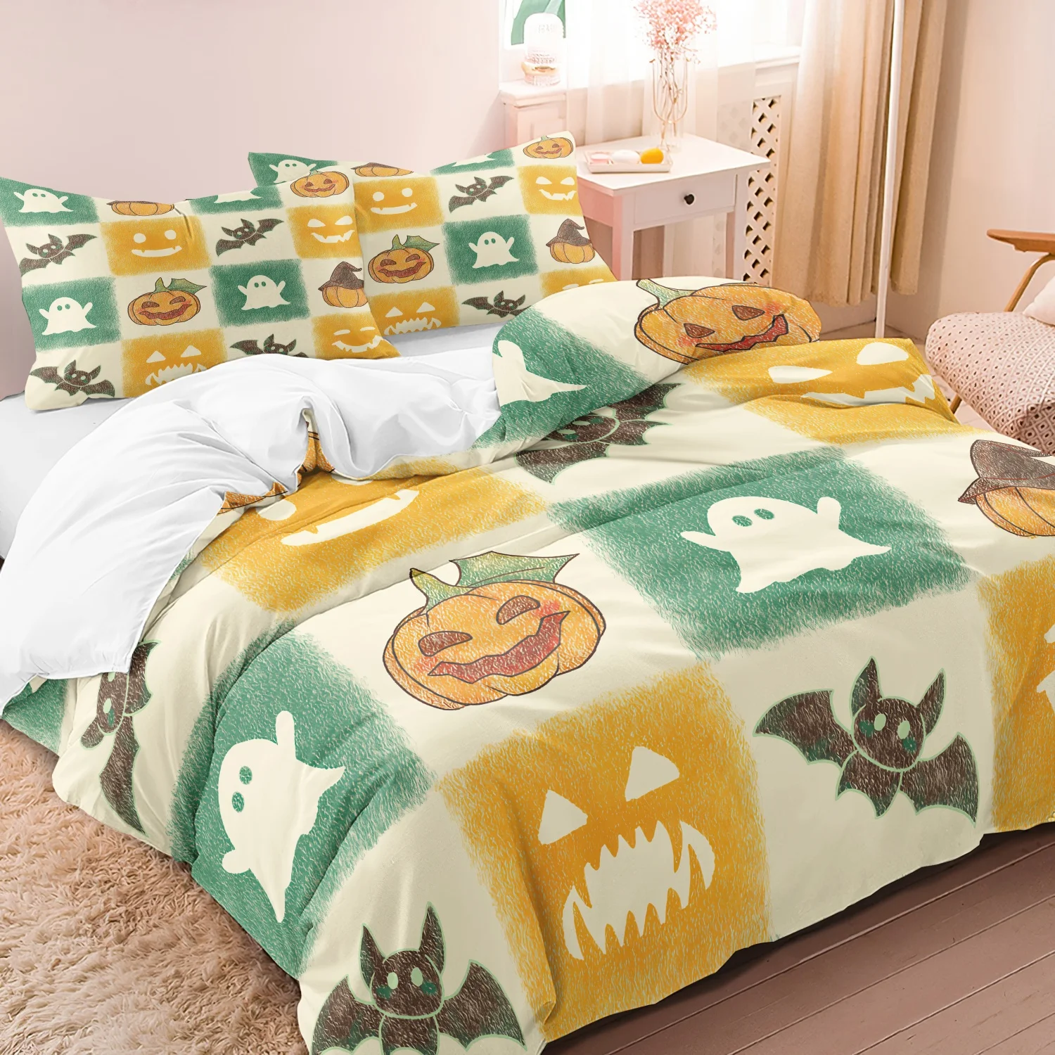 3 Pieces Cute Halloween Grid Print Duvet Cover Set, Retro Checkerboard Pumpkin Ghost Bat Hand‑Drawn Printed Bedding