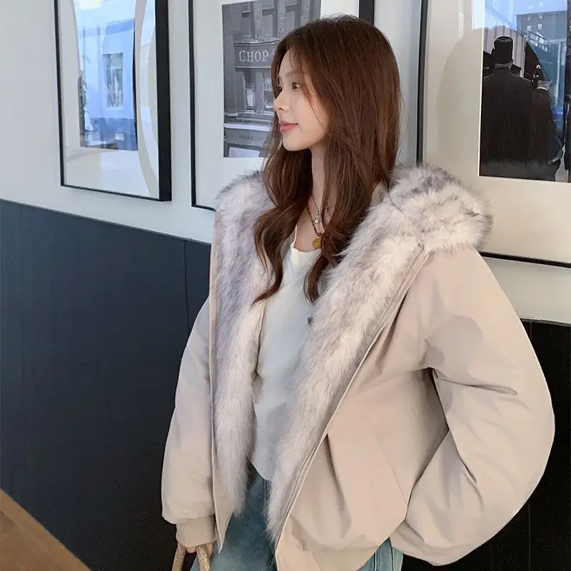 Mountain Carving Hairy Fur Collar Cotton Jacket Men's and Women's Plush Thickened Jacket American Winter Cotton Coat Cat Ears