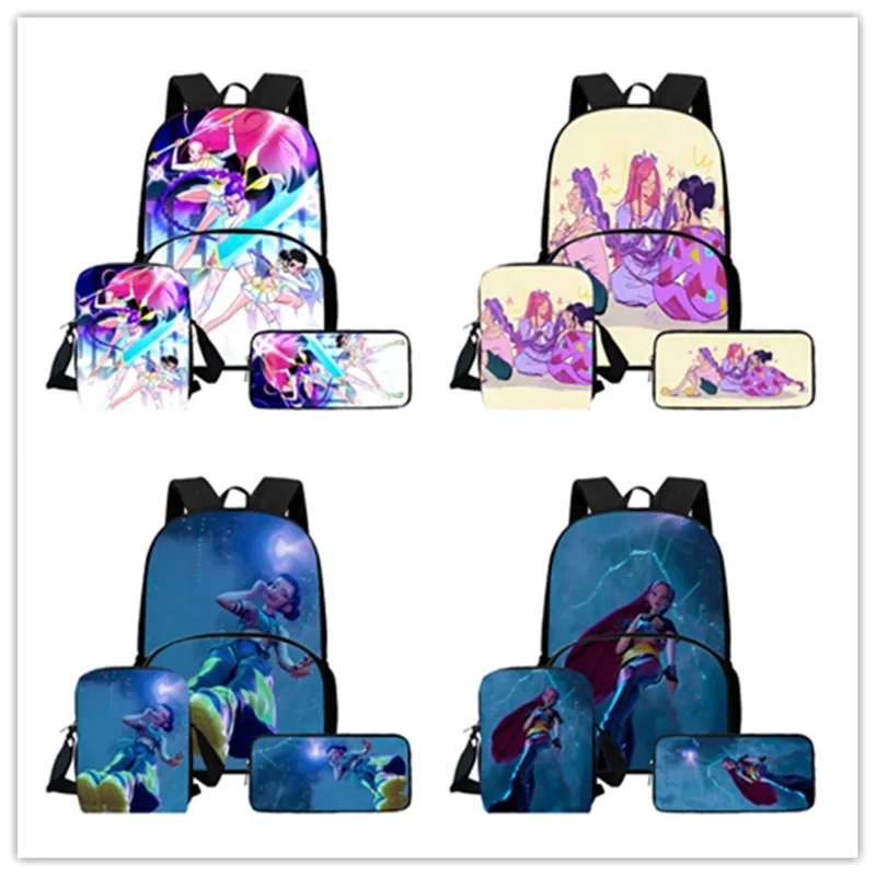 حقيبة ظهر مدرسية للأطفال من كارتون KPop Demon Hunters مع جيب أمامي، حقيبة كتف، حقيبة أقلام رصاص، حقيبة مدرسية للأطفال