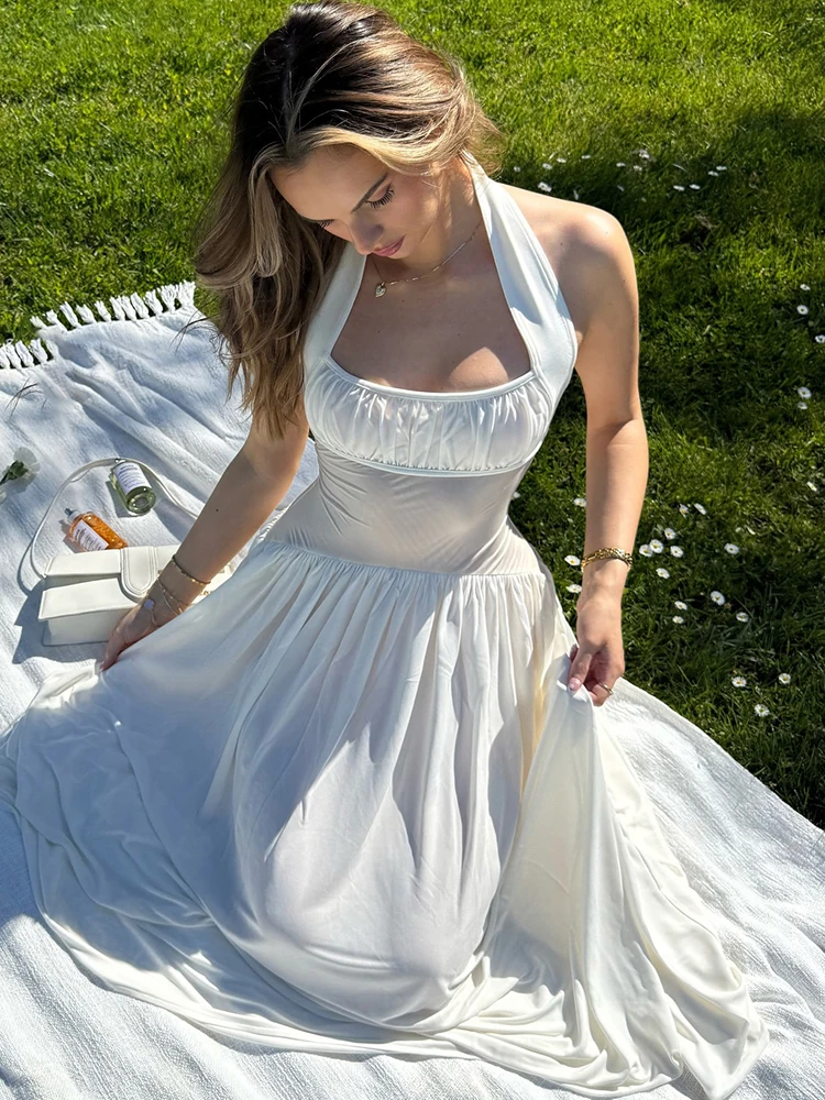 

InGrily Classic Mesh Patchwork Maxi Dress Women Halter Backless Sleeveless Vacation Fashion Camping Ruched Temperament Vestidos