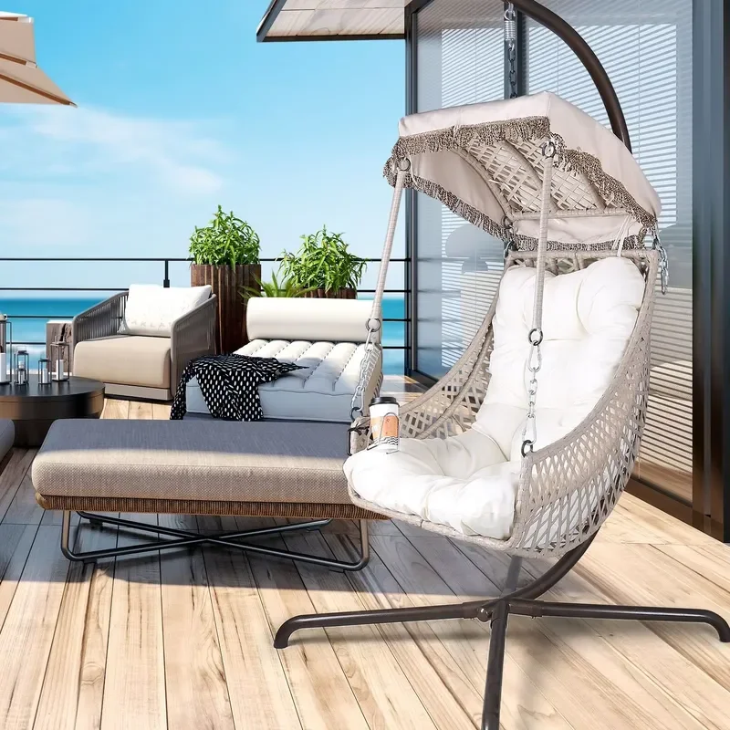Beige Outdoor Swing Chair With Cushion Wicker Rattan Frame Hanging Cup Holder Patio Furniture For Indoor Outdoor Use