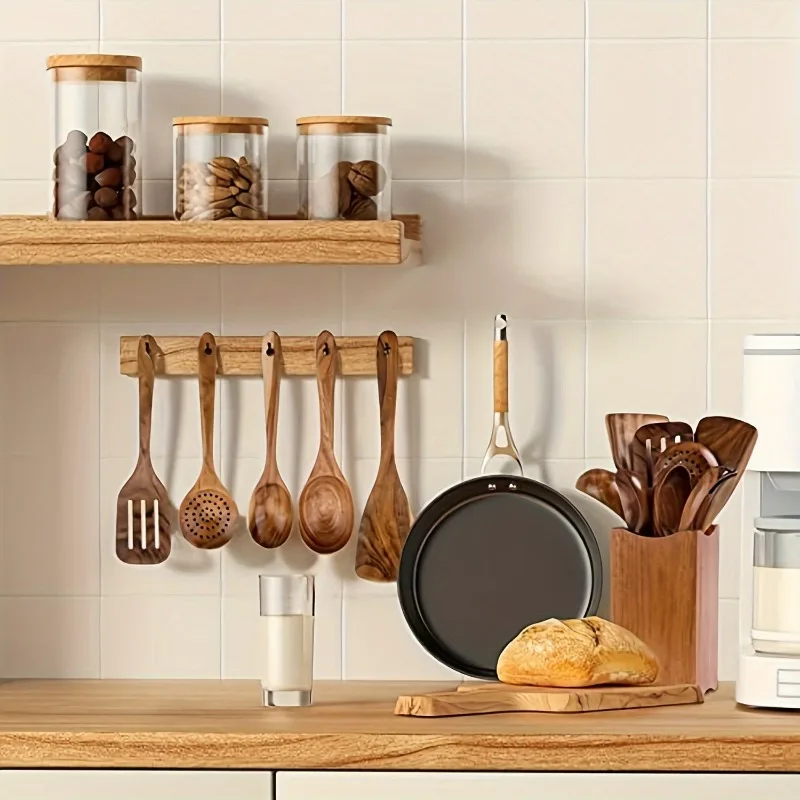 Set di utensili da cucina da 8 pezzi in legno di acacia resistente - Utensili da cucina antiaderenti, kit di cucchiai e spatole multiuso