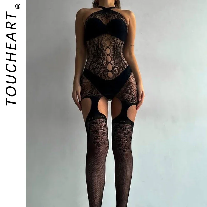 Toucheart مثير الملابس الداخلية بذلة للنساء شبكة سوداء الجوف خارج انظر من خلال المرأة الرسن بذلة سوداء الصيد صافي حللا #1