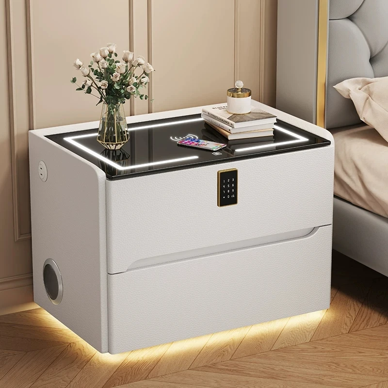 *Luxury Bedside Table Wooden and Stylish Design Black LED Light Bedside Table with RFID Lock Smart Bedside Table Set