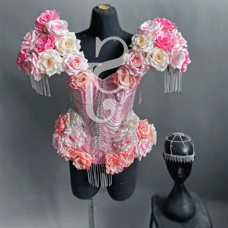 Body Vintage avec chaîne de forage à fleurs pour femmes, tenues de Festival, Costume de danseuse Gogo, robe de Jazz sur scène, vêtements Rave