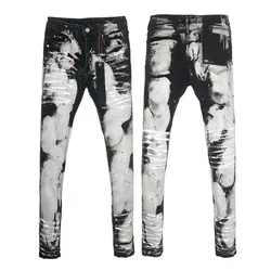 Jeans de tinta salpicada, trabalhada pesada, masculino, calça marca hipster, jeans reto casual, moda de rua alta, novo, 2024