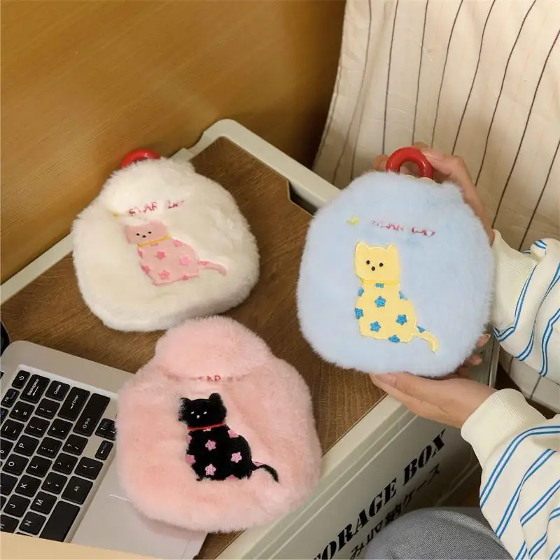 Fluffy Plush Hot Water Bottle Hand Warmer Cute Embroidered Cat Detachable Washable Anti-Scald Leakproof PVC Inner Water Filled