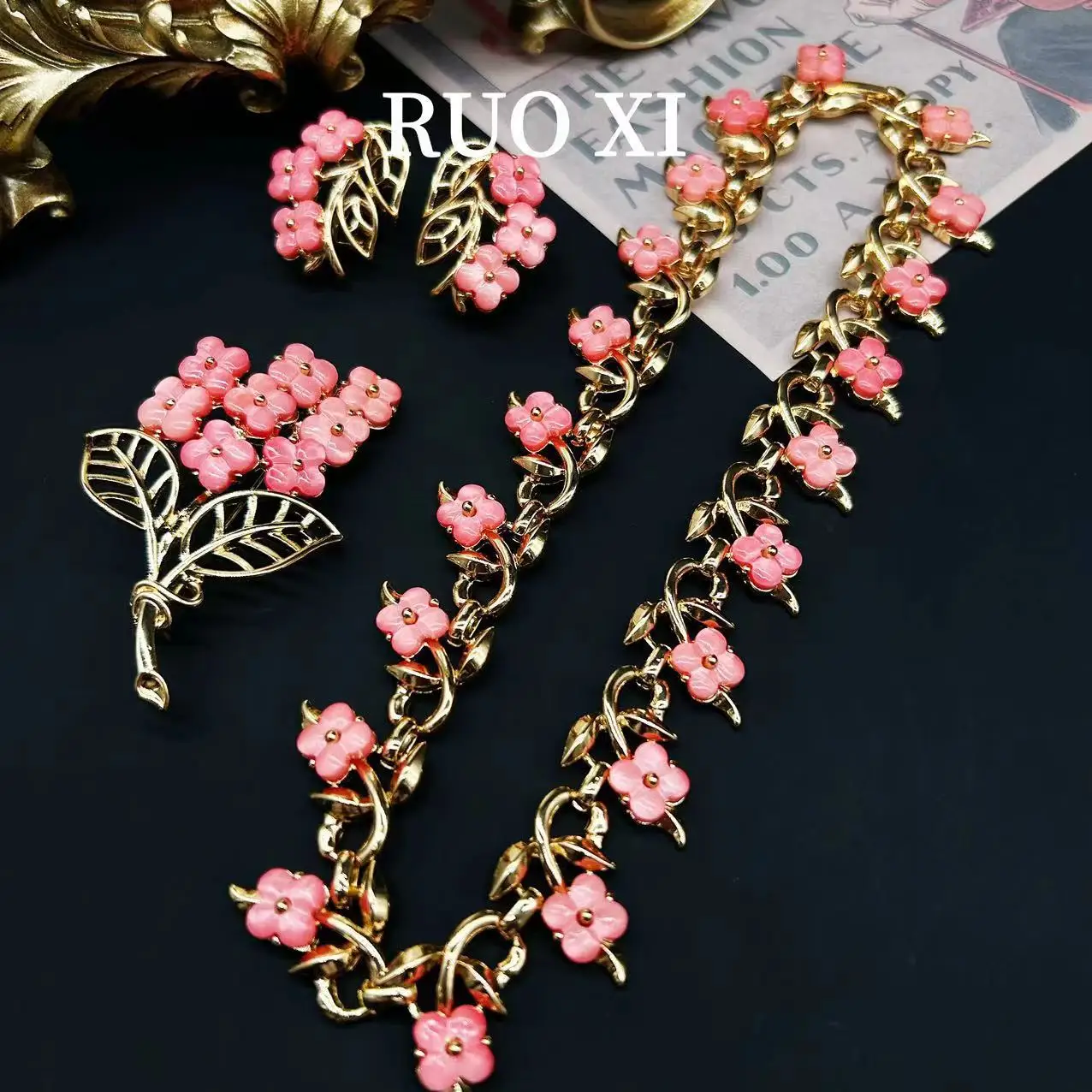 Vintage Jewelry Set for Women Girls Pink Flowers Necklace Earrings Wedding Evening Dress Accessories Gift High Quality Elegant