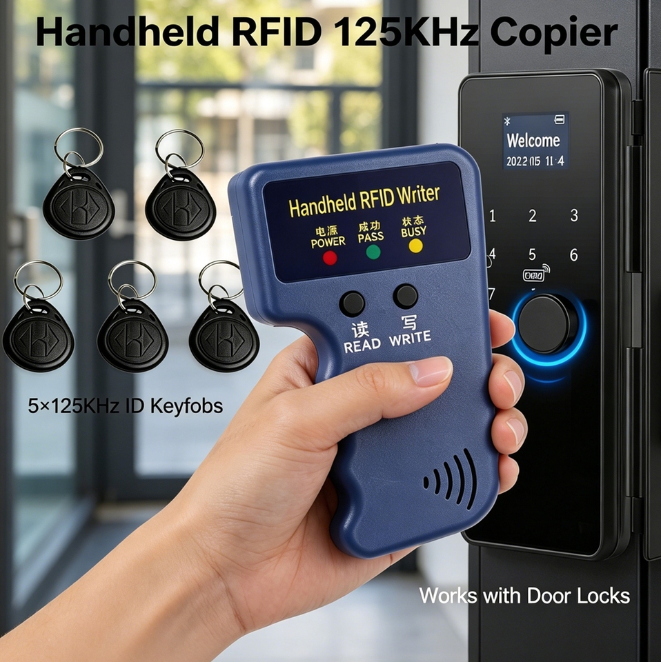  Portable 125KHz EM4100 RFID Card Duplicator Handheld ID Writer Copier with 2Pcs Rewritable T5577 Keyfob Tags 